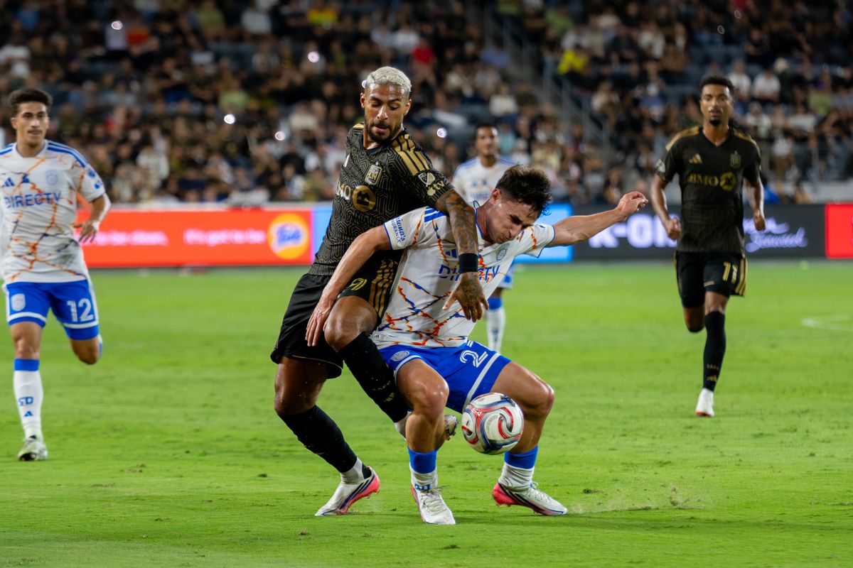 Los Angeles FC forward Denis Bouanga (99) challenges for the ball against San Diego FC defender Luca Bombino (27) during an MLS soccer game, Saturday, August 15, 2026 in Los Angeles, California.