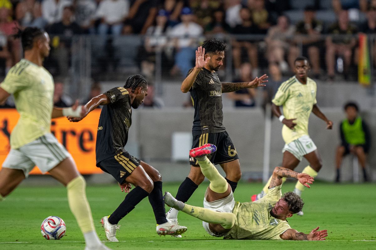 LAFC Mathieu Choinière (66) being called for a foul during a MLS soccer game against the Portland Timbers on August 22nd, 2026 in Los Angeles, CA. LAFC Mathieu Choinière (66) being called for a foul during a MLS soccer game against the Portland Timbers on August 22nd, 2026 in Los Angeles, CA.