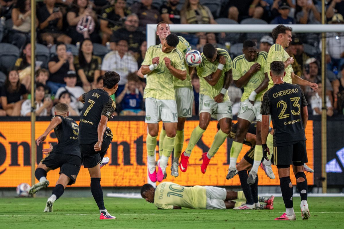 LAFC Son Heung-Min (7) kicking a penalty kick during a MLS soccer game against the Portland Timbers on August 22nd, 2026 in Los Angeles, CA. LAFC Son Heung-Min (7) kicking a penalty kick during a MLS soccer game against the Portland Timbers on August 22nd, 2026 in Los Angeles, CA.