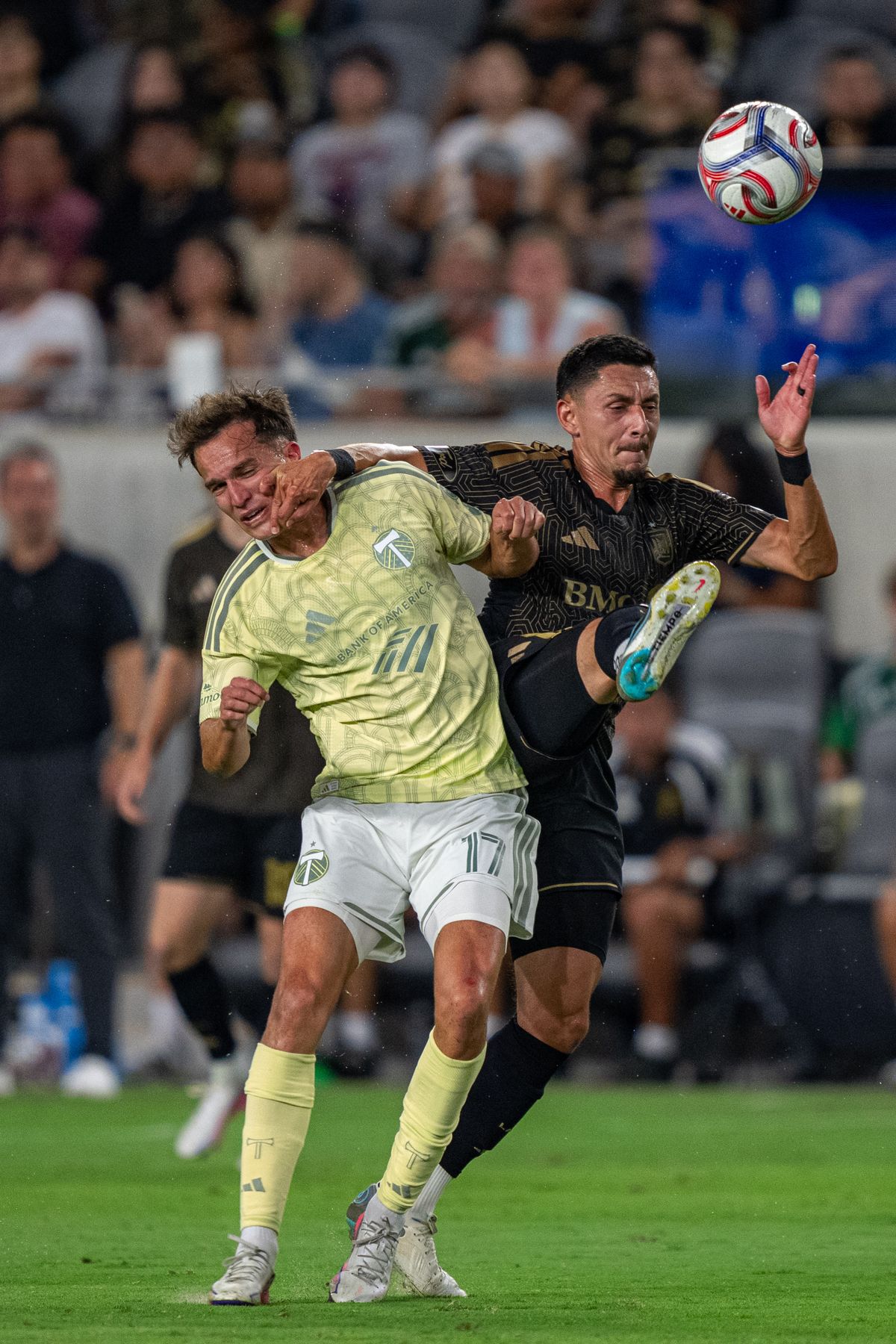 LAFC Mark Delgado (8) fighting for possession of the ball during a MLS soccer game against the Portland Timbers on August 22nd, 2026 in Los Angeles, CA. LAFC Mark Delgado (8) fighting for possession of the ball during a MLS soccer game against the Portland Timbers on August 22nd, 2026 in Los Angeles, CA.