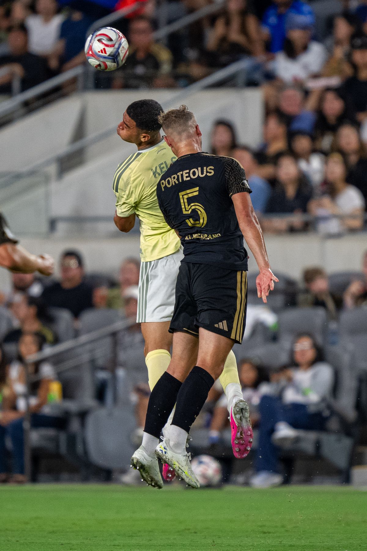 LAFC Ryan Porteous (5) jumping for a header during a MLS soccer game against the Portland Timbers on August 22nd, 2026 in Los Angeles, CA. LAFC Ryan Porteous (5) jumping for a header during a MLS soccer game against the Portland Timbers on August 22nd, 2026 in Los Angeles, CA.
