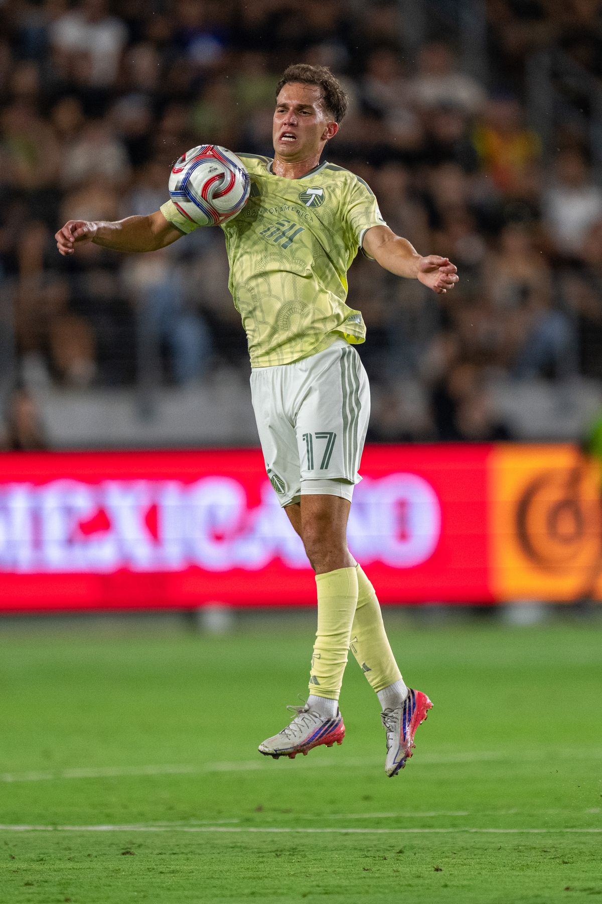 Portland Timbers Cole Bassett (17) collecting the ball during a MLS soccer game against LAFC on August 22nd, 2026 in Los Angeles, CA. Portland Timbers Cole Bassett (17) collecting the ball during a MLS soccer game against LAFC on August 22nd, 2026 in Los Angeles, CA.