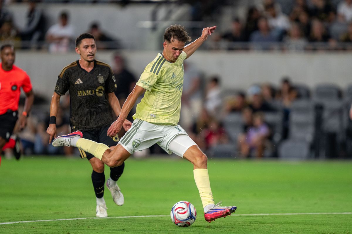 Portland Timbers Cole Bassett (17) making a shot on goal during a MLS soccer game against LAFC on August 22nd, 2026 in Los Angeles, CA. Portland Timbers Cole Bassett (17) making a shot on goal during a MLS soccer game against LAFC on August 22nd, 2026 in Los Angeles, CA.