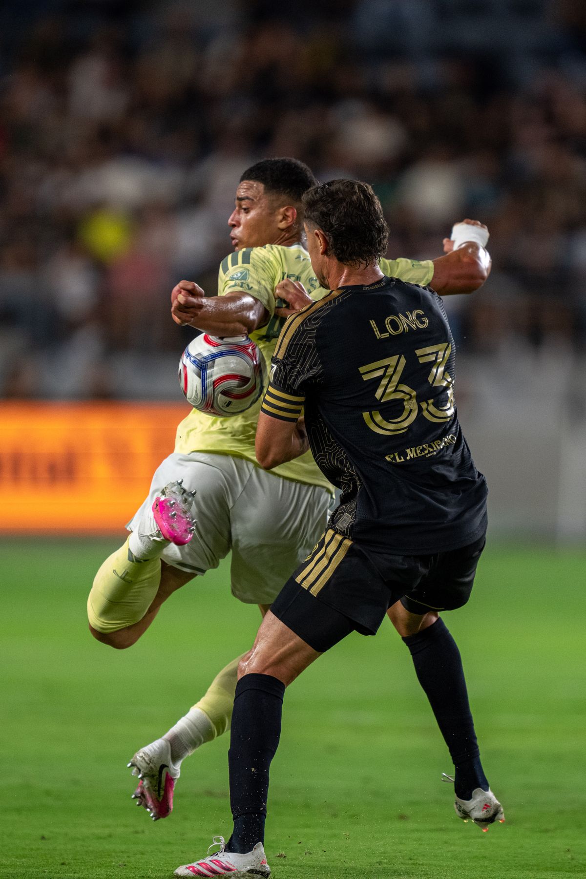 Portland Timbers Kevin Kelsy (19) collecting the ball on his back during a MLS soccer game against LAFC on August 22nd, 2026 in Los Angeles, CA. Portland Timbers Kevin Kelsy (19) collecting the ball on his back during a MLS soccer game against LAFC on August 22nd, 2026 in Los Angeles, CA.