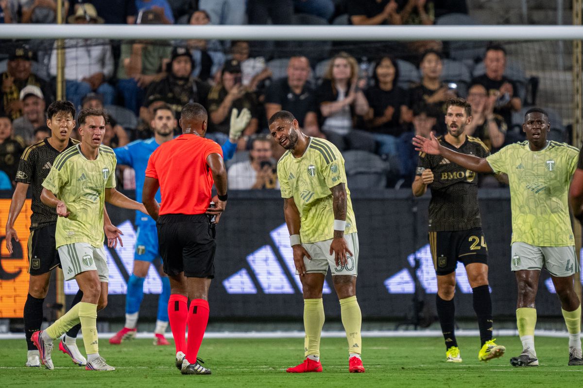 Portland Timbers José Caicedo (30) disagreeing with a referee during a MLS soccer game against LAFC on August 22nd, 2026 in Los Angeles, CA. Portland Timbers José Caicedo (30) disagreeing with a referee during a MLS soccer game against LAFC on August 22nd, 2026 in Los Angeles, CA.