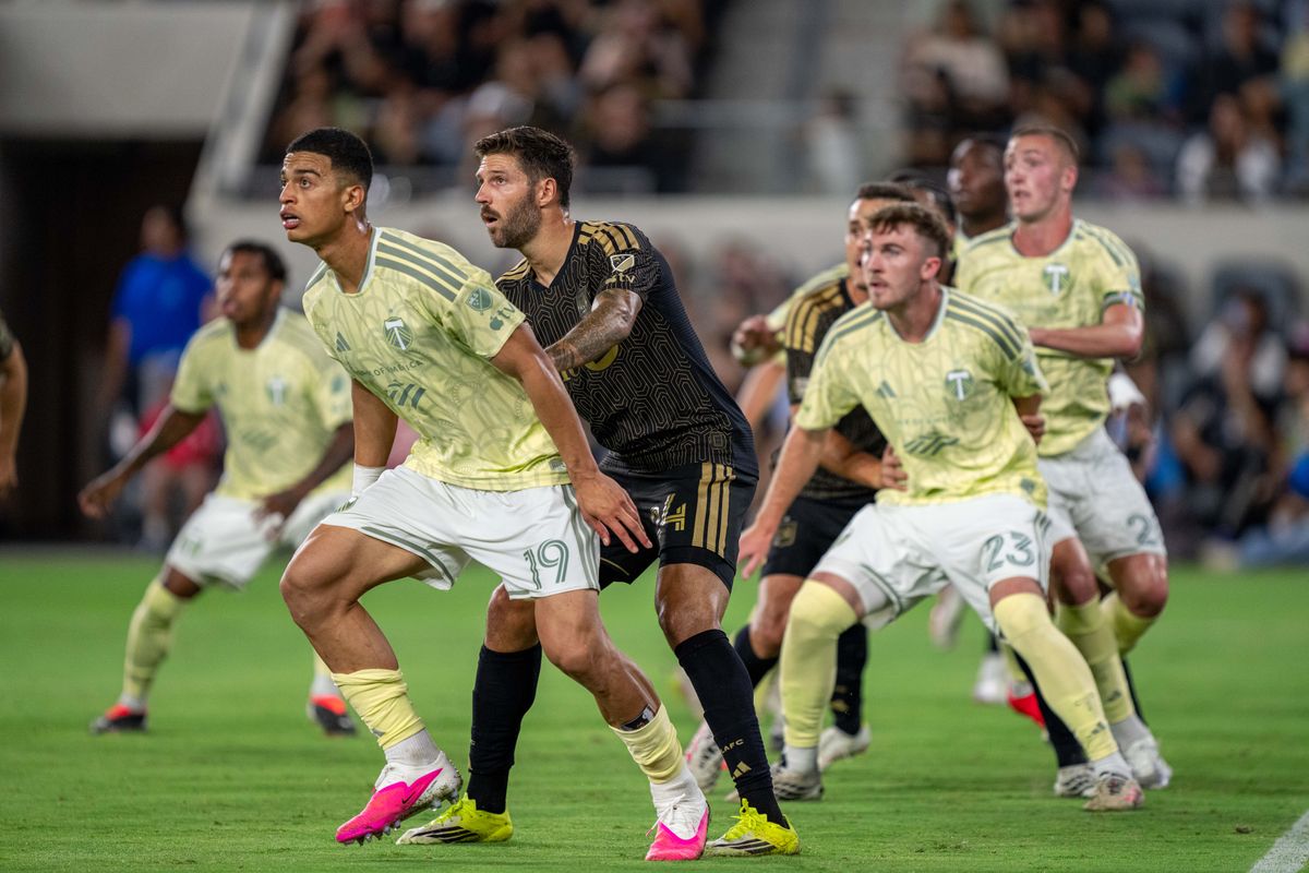 Portland Timbers forming a line to stop a penalty kick during a MLS soccer game against LAFC on August 22nd, 2026 in Los Angeles, CA. Portland Timbers forming a line to stop a penalty kick during a MLS soccer game against LAFC on August 22nd, 2026 in Los Angeles, CA.