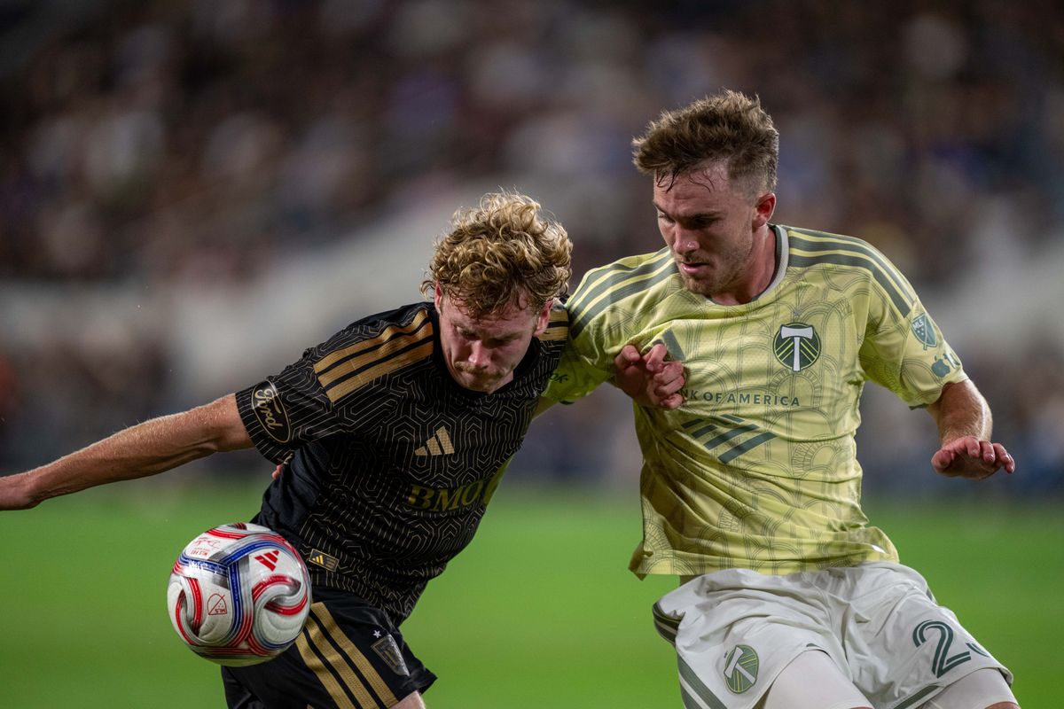 LAFC Jacob Shaffelburg (18) fighting for possession of the ball during a MLS soccer game against the Portland Timbers on August 22nd, 2026 in Los Angeles, CA. LAFC Jacob Shaffelburg (18) fighting for possession of the ball during a MLS soccer game against the Portland Timbers on August 22nd, 2026 in Los Angeles, CA.