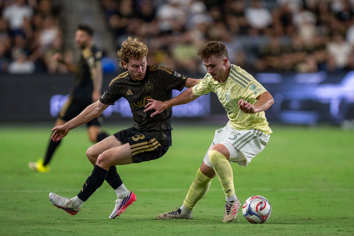 LAFC Jacob Shaffelburg (18) fighting for possession of the ball during a MLS soccer game against the Portland Timbers on August 22nd, 2026 in Los Angeles, CA. LAFC Jacob Shaffelburg (18) fighting for possession of the ball during a MLS soccer game against the Portland Timbers on August 22nd, 2026 in Los Angeles, CA.