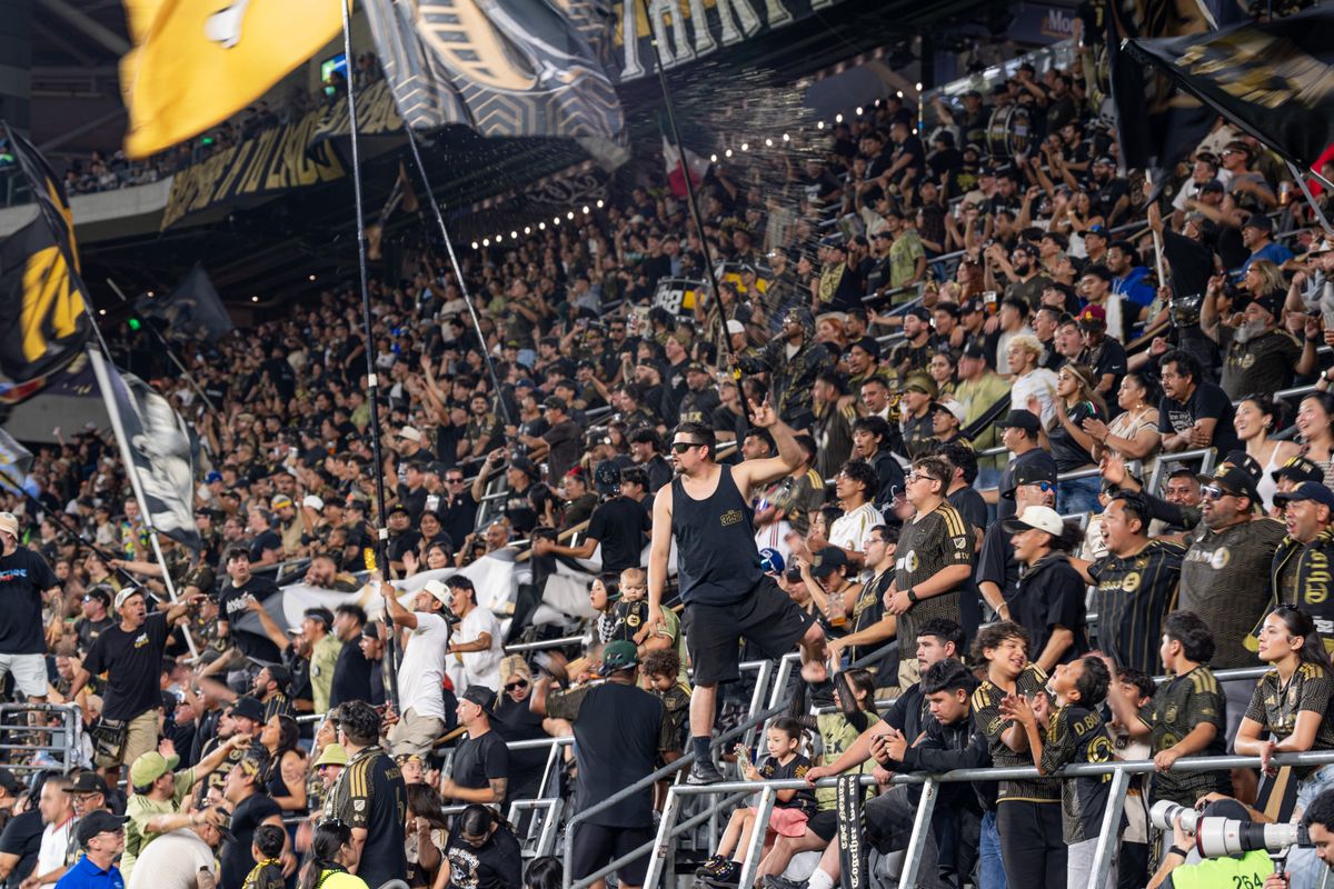 LAFC fans celebrating a LAFC goal during a MLS soccer game against the Portland Timbers on August 22nd, 2026 in Los Angeles, CA. LAFC fans celebrating a LAFC goal during a MLS soccer game against the Portland Timbers on August 22nd, 2026 in Los Angeles, CA.