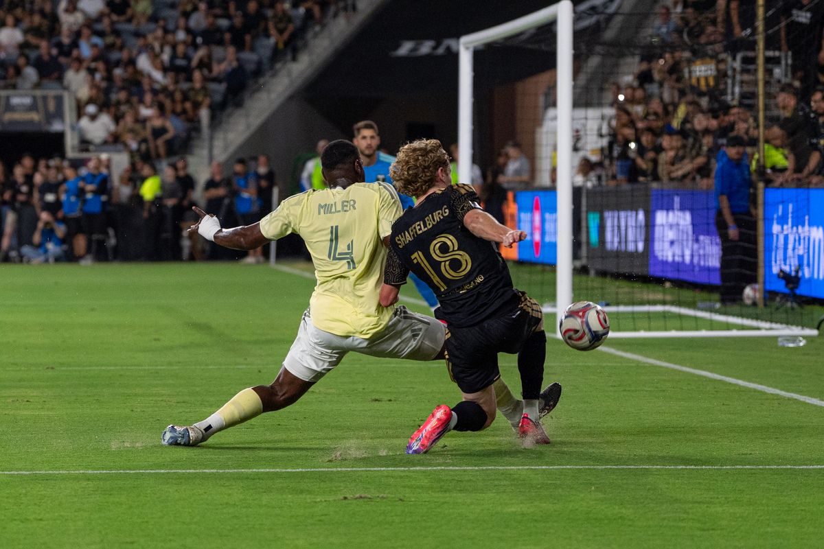 LAFC Jacob Shaffelburg (18) fighting for a shot at the goal during a MLS soccer game against the Portland Timbers on August 22nd, 2026 in Los Angeles, CA. LAFC Jacob Shaffelburg (18) fighting for a shot at the goal during a MLS soccer game against the Portland Timbers on August 22nd, 2026 in Los Angeles, CA.