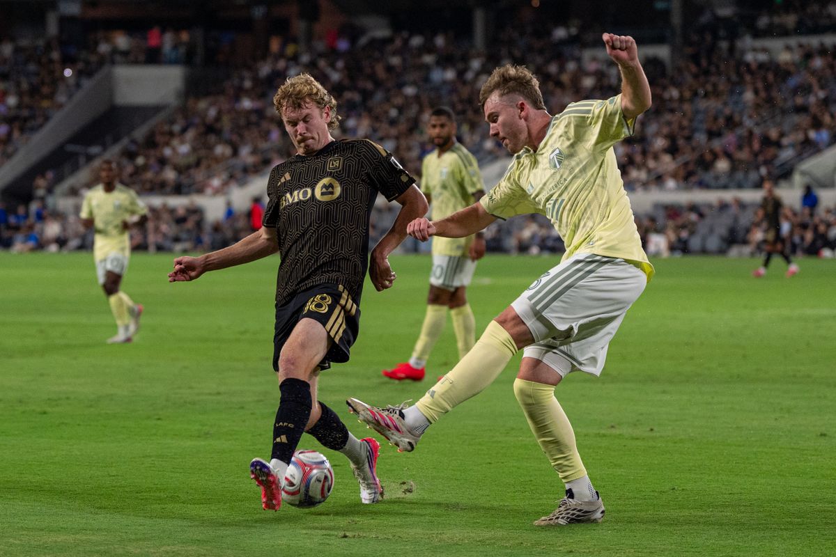 LAFC Jacob Shaffelburg (18) fighting to keep the ball in bounds during a MLS soccer game against the Portland Timbers on August 22nd, 2026 in Los Angeles, CA. LAFC Jacob Shaffelburg (18) fighting to keep the ball in bounds during a MLS soccer game against the Portland Timbers on August 22nd, 2026 in Los Angeles, CA.
