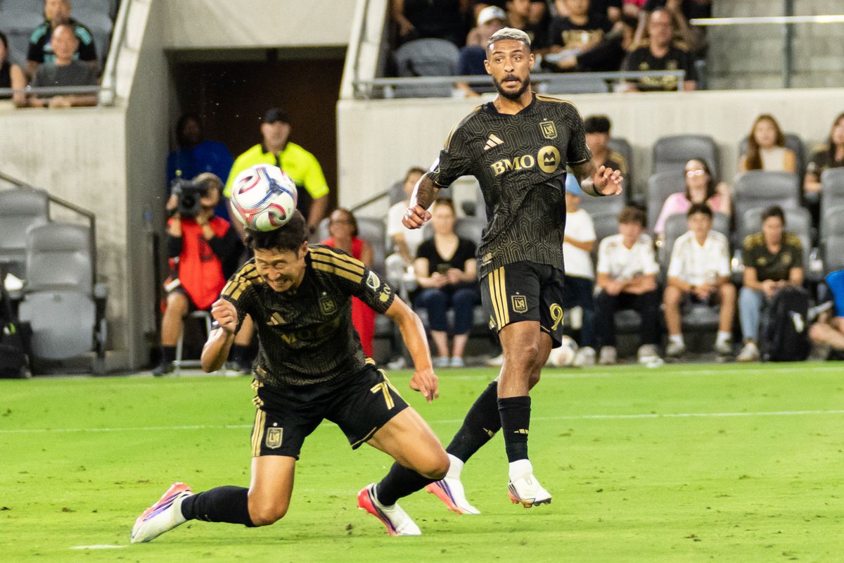 LAFC forward Heung-Min Son (7) takes a header during an MLS soccer game against New York Red Bulls, Wednesday September 9th, 2026 in Los Angeles, California. LAFC forward Heung-Min Son (7) takes a header during an MLS soccer game against New York Red Bulls, Wednesday September 9th, 2026 in Los Angeles, California.