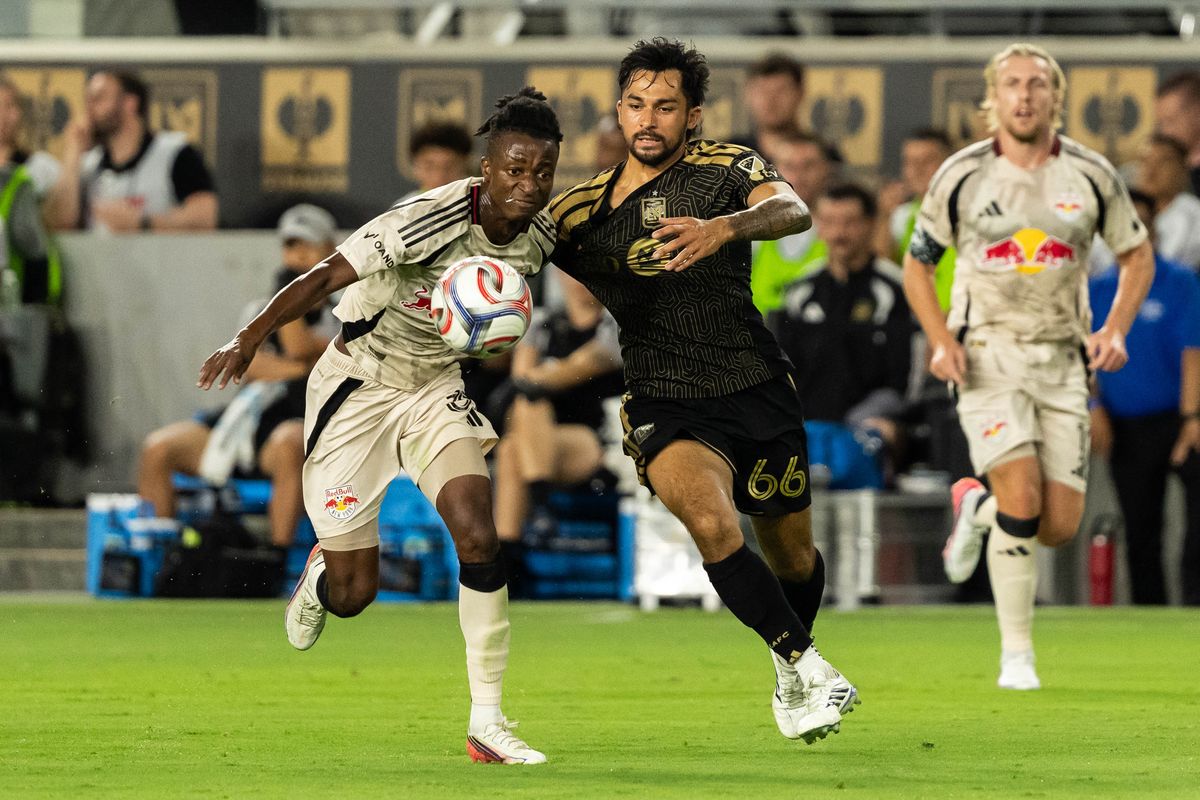 LAFC midfielder Mathieu Choiniere (66) fights for possession during an MLS soccer game against New York Red Bulls, Wednesday September 9th, 2026 in Los Angeles, California. LAFC midfielder Mathieu Choiniere (66) fights for possession during an MLS soccer game against New York Red Bulls, Wednesday September 9th, 2026 in Los Angeles, California.