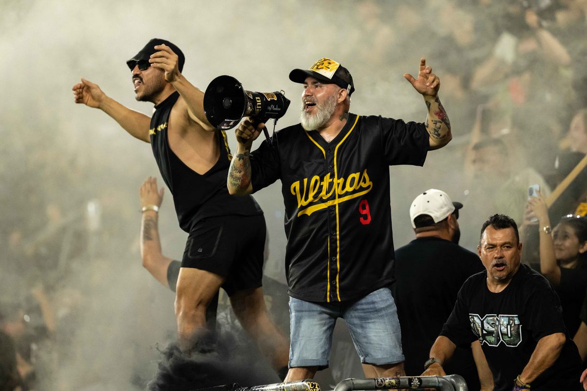 LAFC fan section celebrating a goal during an MLS soccer game against New York Red Bulls, Wednesday September 9th, 2026 in Los Angeles, California. LAFC fan section celebrating a goal during an MLS soccer game against New York Red Bulls, Wednesday September 9th, 2026 in Los Angeles, California.