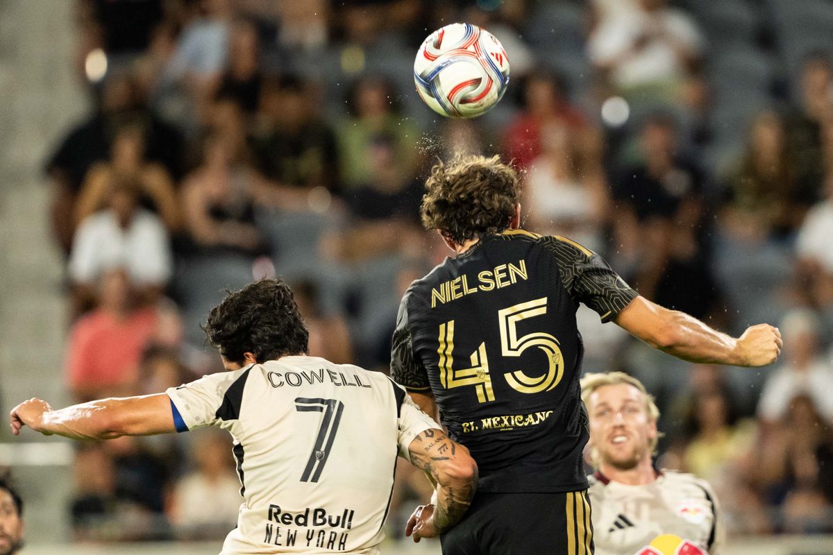 LAFC defender Kenny Nielsen (45) takes a header during an MLS soccer game against New York Red Bulls, Wednesday September 9th, 2026 in Los Angeles, California. LAFC defender Kenny Nielsen (45) takes a header during an MLS soccer game against New York Red Bulls, Wednesday September 9th, 2026 in Los Angeles, California.