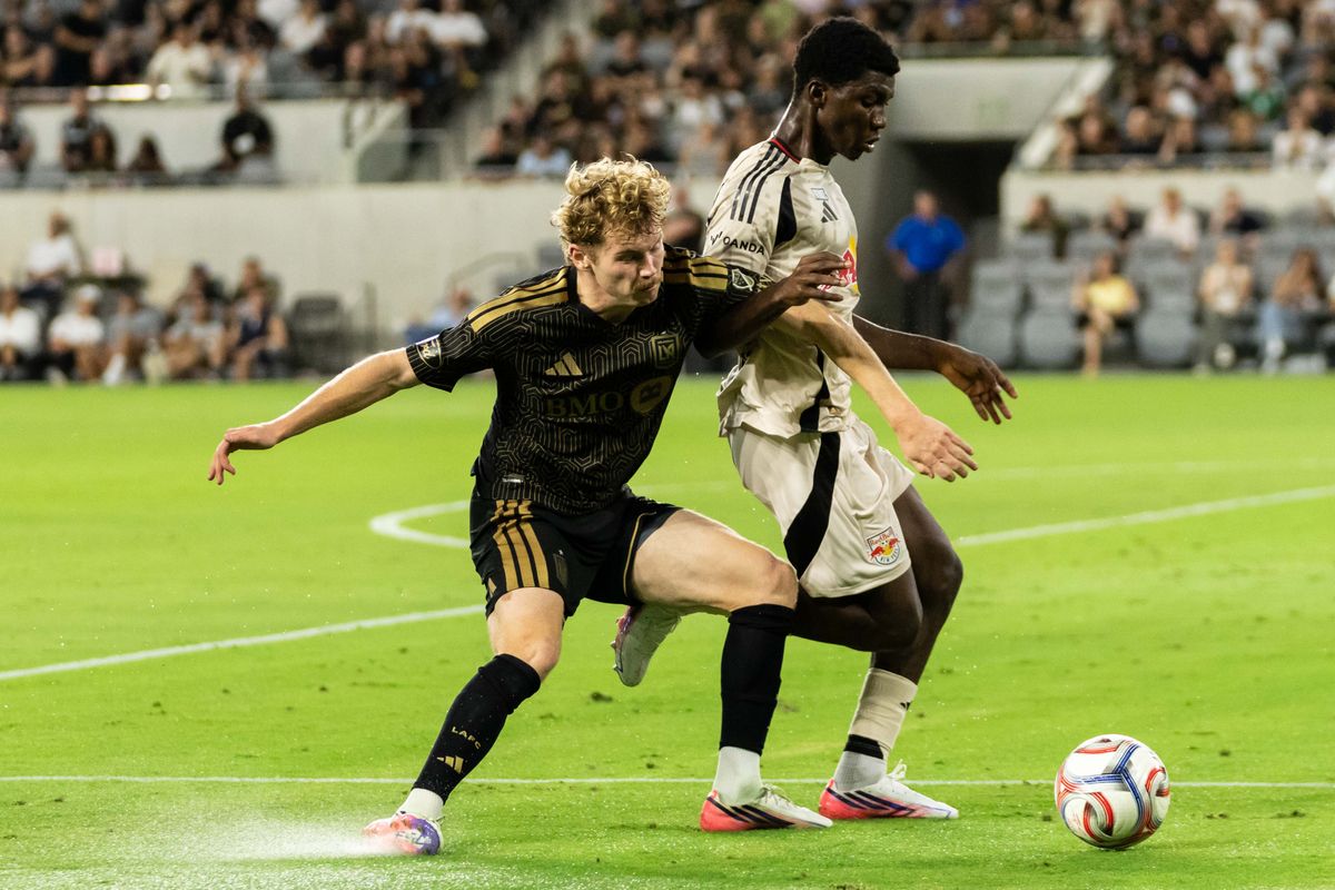 LAFC midfielder Jacob Shaffelburg (18) fights for the ball during an MLS soccer game against New York Red Bulls, Wednesday September 9th, 2026 in Los Angeles, California. LAFC midfielder Jacob Shaffelburg (18) fights for the ball during an MLS soccer game against New York Red Bulls, Wednesday September 9th, 2026 in Los Angeles, California.