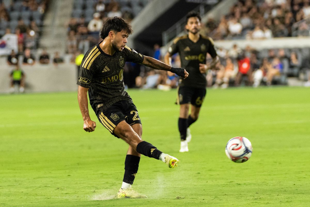 LAFC midfielder Ryan Raposo (21) kicking the ball during an MLS soccer game against New York Red Bulls, Wednesday September 9th, 2026 in Los Angeles, California. LAFC midfielder Ryan Raposo (21) kicking the ball during an MLS soccer game against New York Red Bulls, Wednesday September 9th, 2026 in Los Angeles, California.