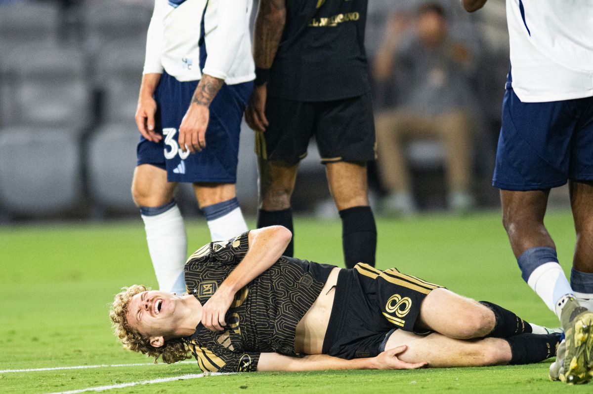 LAFC forward Jacob Shaffelburg (18) grimices in pain after a hard tackle during an MLS soccer game against the Vancouver Whitecaps, Saturday, October 10, 2026 in Los Angeles. LAFC forward Jacob Shaffelburg (18) grimices in pain after a hard tackle during an MLS soccer game against the Vancouver Whitecaps, Saturday, October 10, 2026 in Los Angeles.