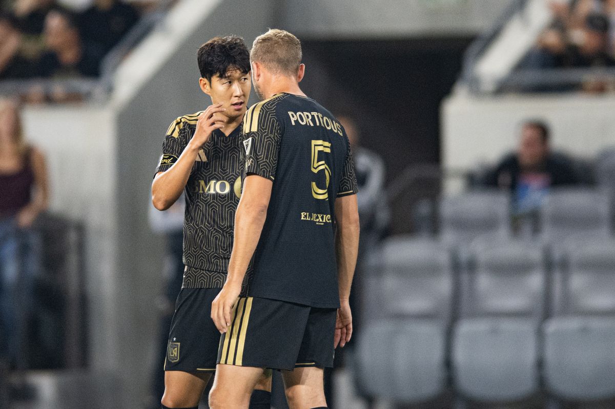 LAFC forward Son Heung-Min (7) discusses a penalty kick with LAFC defender Ryan Porteous (5) during an MLS soccer game against the Vancouver Whitecaps, Saturday, October 10, 2026 in Los Angeles. LAFC forward Son Heung-Min (7) discusses a penalty kick with LAFC defender Ryan Porteous (5) during an MLS soccer game against the Vancouver Whitecaps, Saturday, October 10, 2026 in Los Angeles.