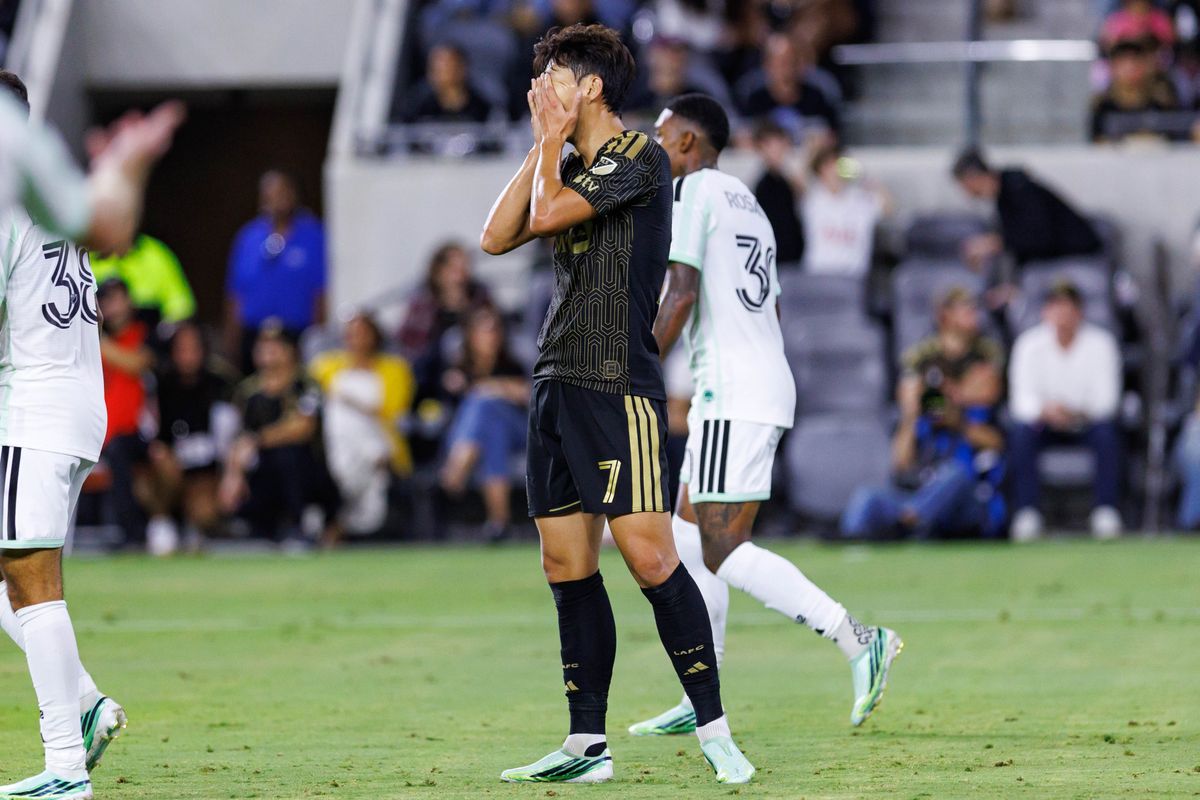 Son Heung-Min #7 of LAFC reacts after a missed goal attempt during an MLS regular season match against Austin FC on October 14, 2026 at BMO Stadium in Los Angeles, California.