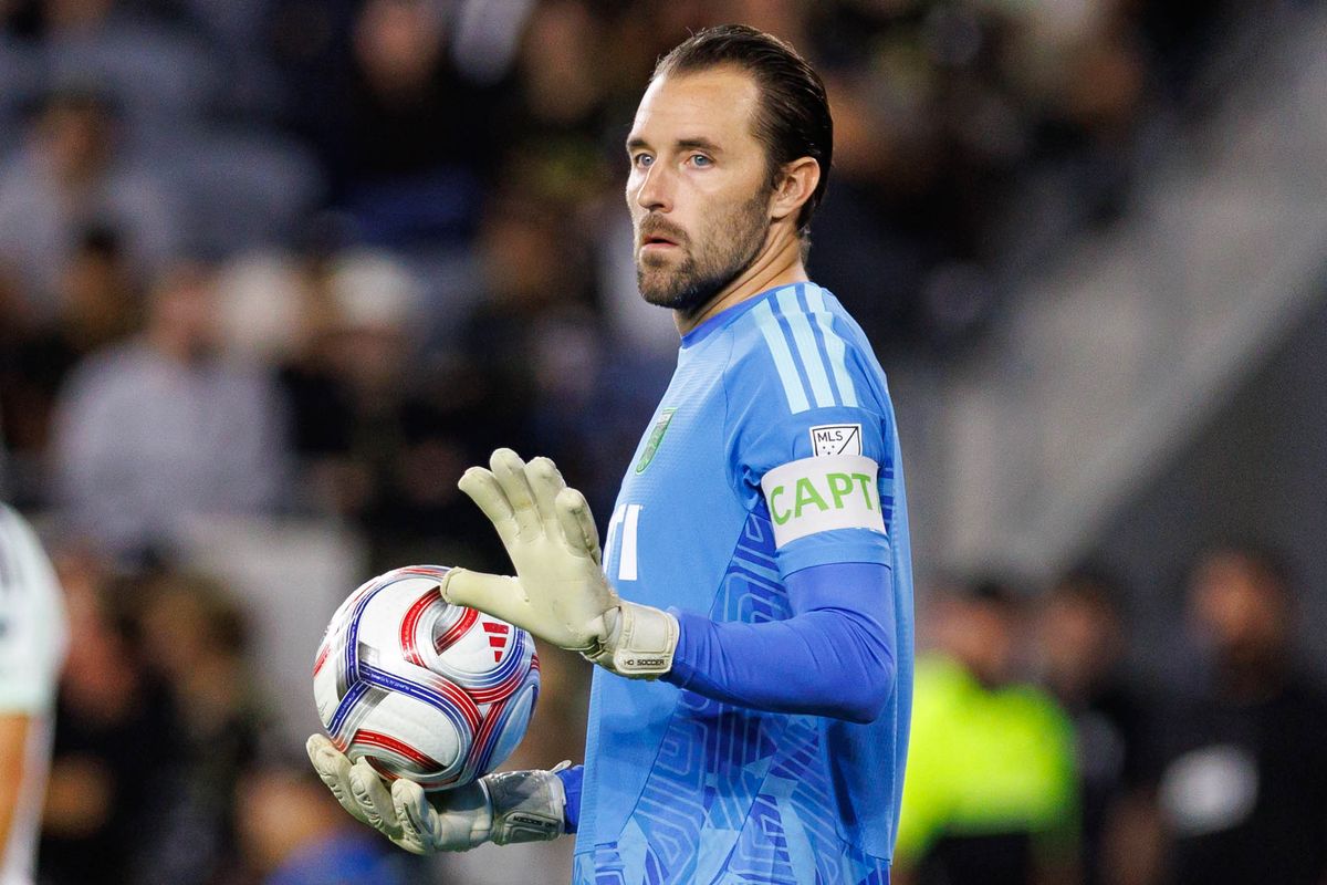 Brad Stuver #1 of Austin FC signals to teammates during an MLS regular season match against LAFC on October 14, 2026 at BMO Stadium in Los Angeles, California.