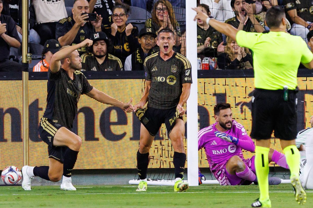 Sergi Palencia #14 of LAFC reacts after a save during an MLS regular season match against Austin FC on October 14, 2026 at BMO Stadium in Los Angeles, California.