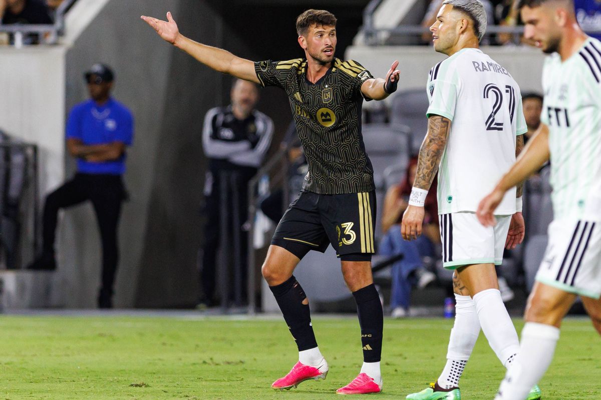 Yevhen Cheberko #23 of LAFC reacts during an MLS regular season match against Austin FC on October 14, 2026 at BMO Stadium in Los Angeles, California.