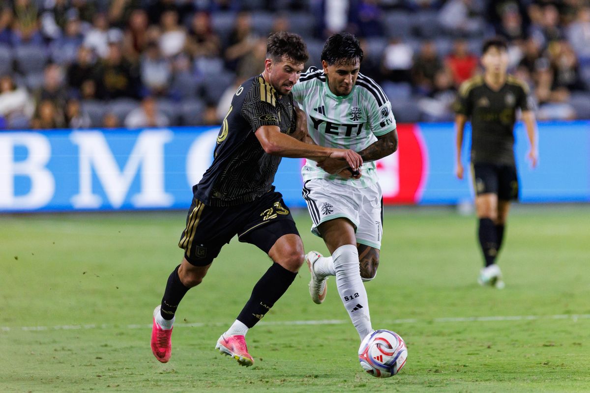 Yevhen Cheberko #23 of LAFC defends the ball during an MLS regular season match against Austin FC on October 14, 2026 at BMO Stadium in Los Angeles, California.