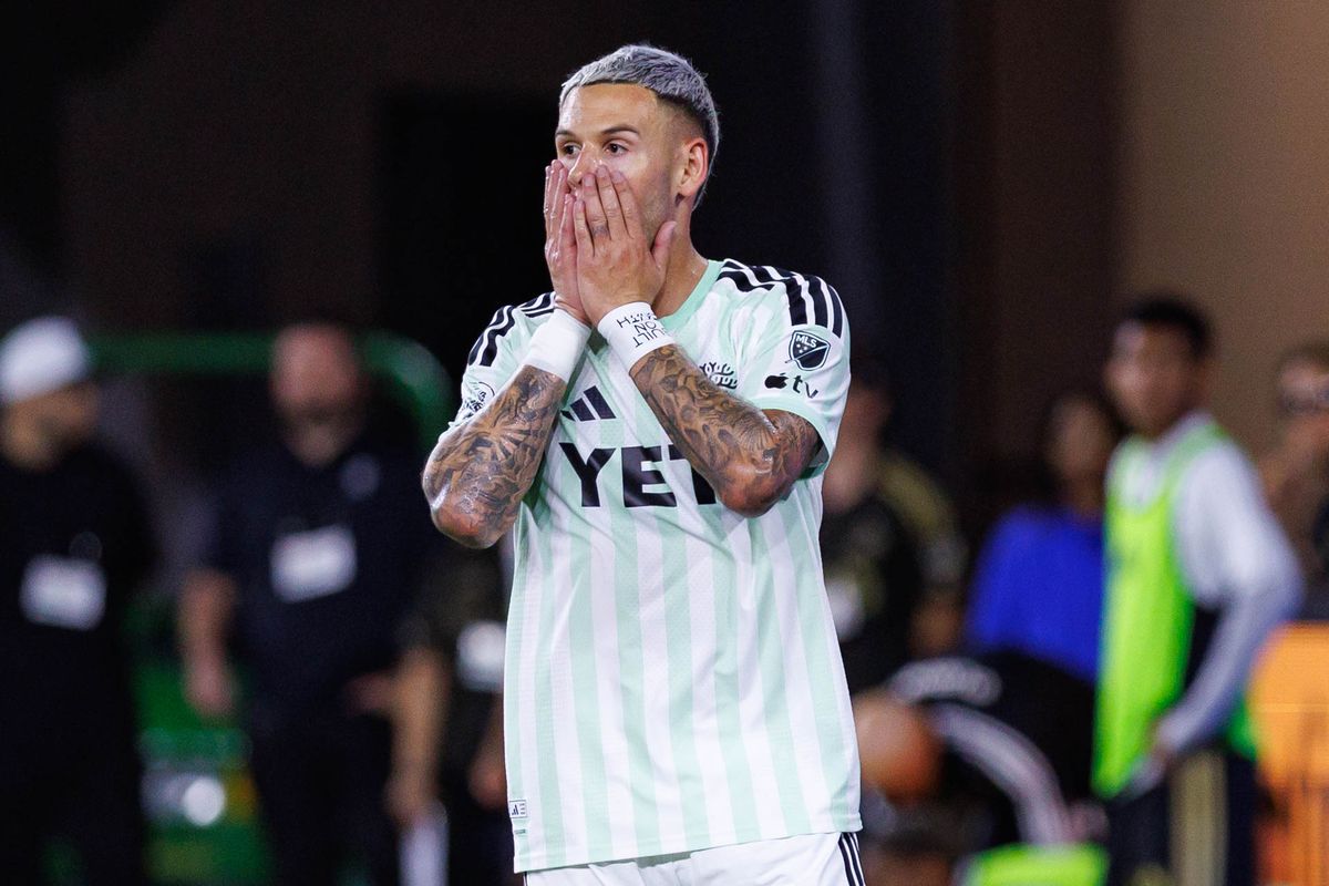 Christian Ramirez #21 of Austin FC reacts after a missed goal attempt during an MLS regular season match against LAFC on October 14, 2026 at BMO Stadium in Los Angeles, California.