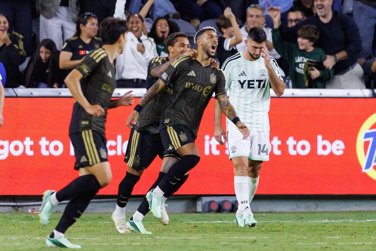 Denis Bouanga #99 of LAFC celebrates after scoring a goal during an MLS regular season match against Austin FC on October 14, 2026 at BMO Stadium in Los Angeles, California.
