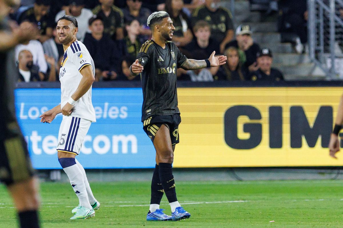 Denis Bouanga #99 of LAFC reacts after a VAR review during an MLS regular season match against LA Galaxy on October 25, 2026 at BMO Stadium in Los Angeles, California. Denis Bouanga #99 of LAFC reacts after a VAR review during an MLS regular season match against LA Galaxy on October 25, 2026 at BMO Stadium in Los Angeles, California.