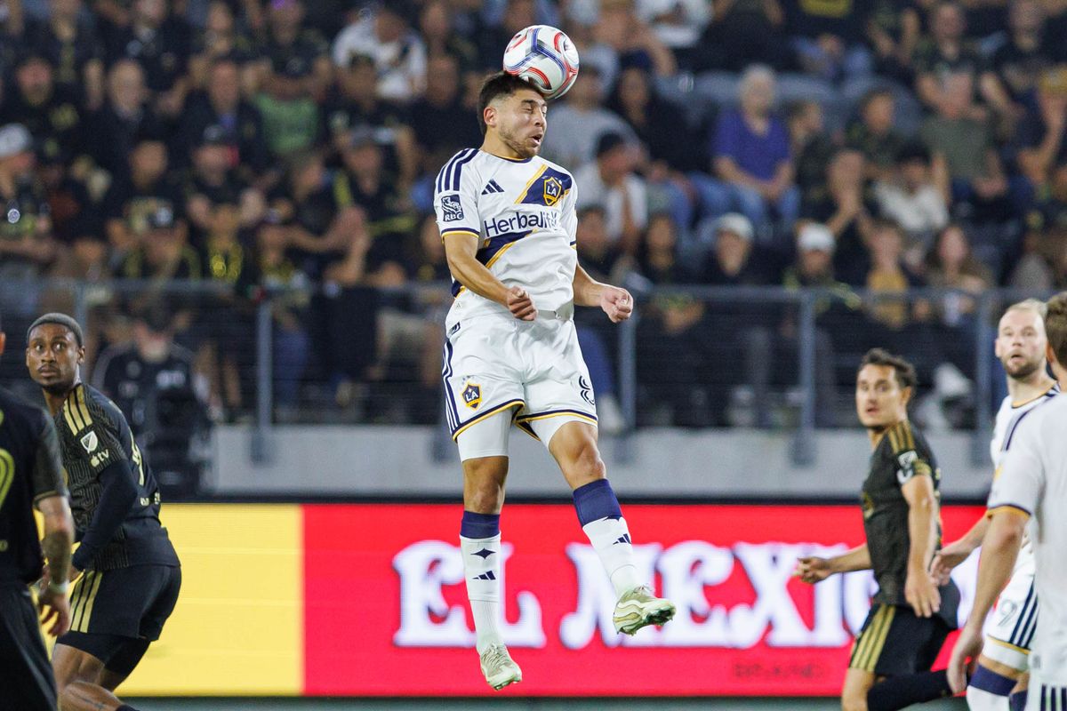 Lucas Sanabria #8 of LA Galaxy heads the ball during an MLS regular season match against LAFC on October 25, 2026 at BMO Stadium in Los Angeles, California. Lucas Sanabria #8 of LA Galaxy heads the ball during an MLS regular season match against LAFC on October 25, 2026 at BMO Stadium in Los Angeles, California.