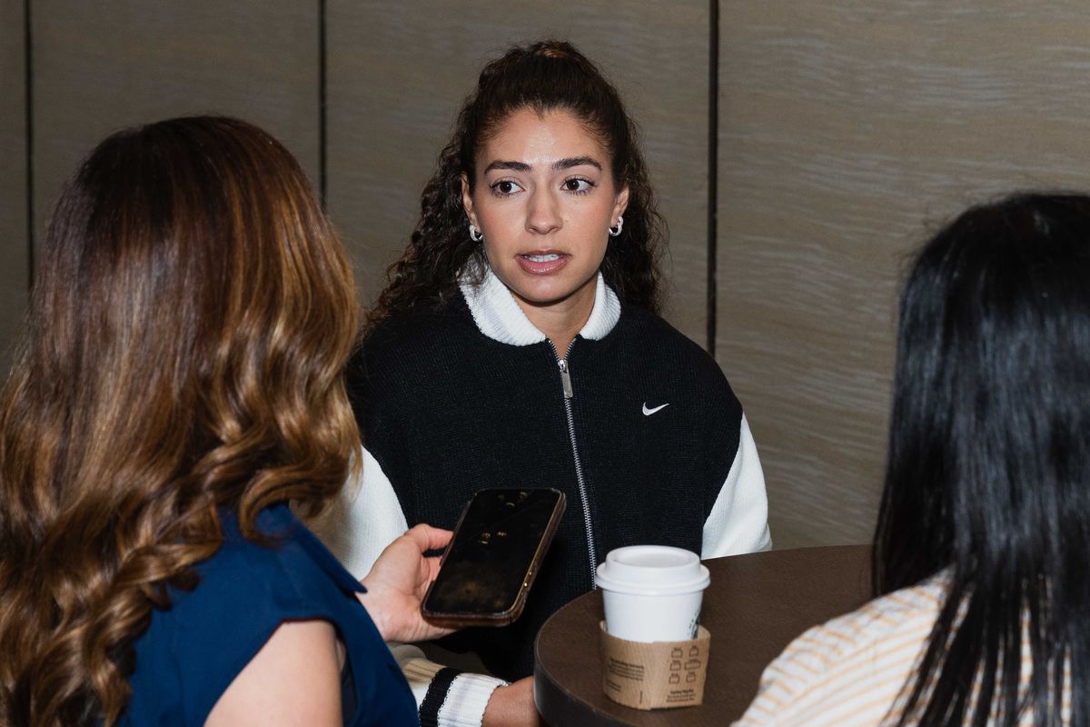 Orlando Pride FC midfielder Angelina (15), being interviewed during NWSL Media Day at Westin Bonaventure on January 28th, 2026 in Los Angeles, California. 