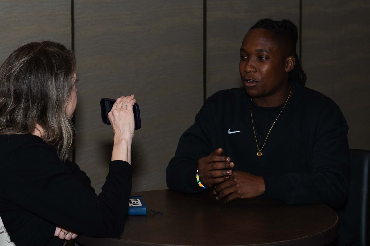 Orlando Pride FC forward Barbara Banda (22), being interviewed during NWSL Media Day at Westin Bonaventure on January 28th, 2026 in Los Angeles, California. 