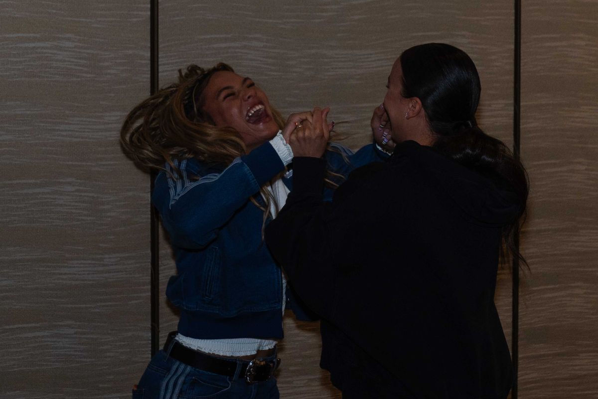 Washington Spirit forward Trinity Rodman greets Chicago Stars FC forward Mallory Swanson  during NWSL Media Day at Westin Bonaventure on January 29th, 2026 in Los Angeles, California. 