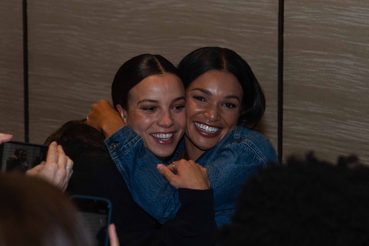 Portland Thorns FC  forward Sophia Wilson, greets Chicago Stars FC forward Mallory Swanson, during NWSL Media Day at Westin Bonaventure on January 29th, 2026 in Los Angeles, California. 