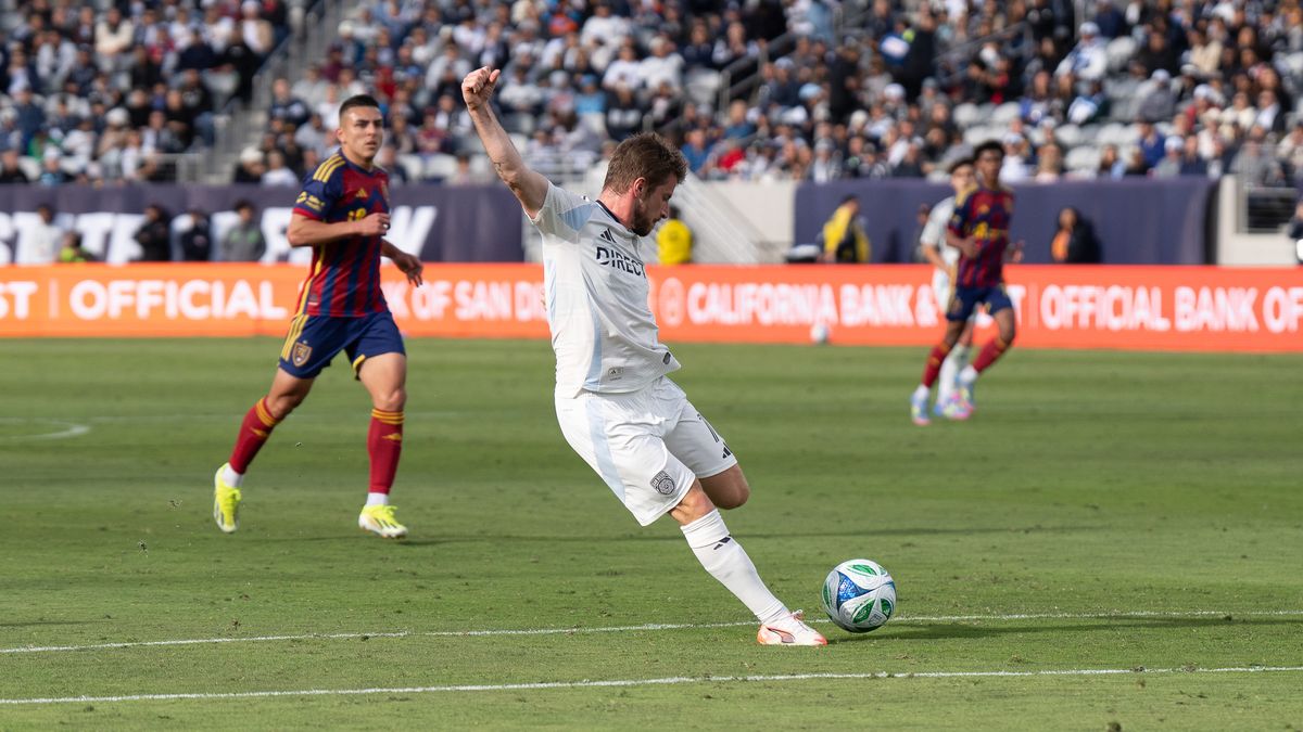 San Diego FC forward Anders Dreyer (10) shoots during MLS soccer game against Real Salt Lake, Saturday, April 26, 2025, in San Diego. San Diego FC forward Anders Dreyer (10) shoots during MLS soccer game against Real Salt Lake, Saturday, April 26, 2025, in San Diego.