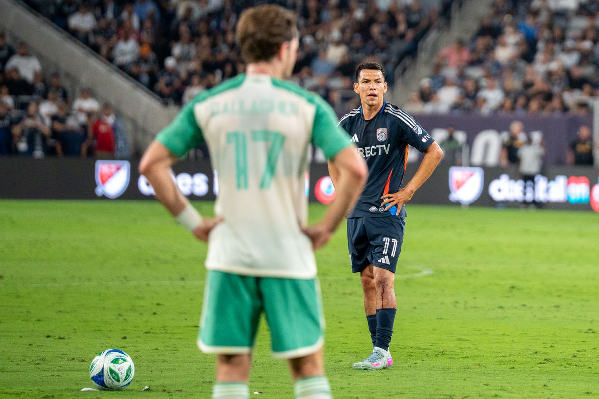 San Diego FC Forward Hirving Lozano (11) stands over a free kick during an MLS Match against Austin FC on May 31, 2025 at Snapdragon Stadium in San Diego, CA.