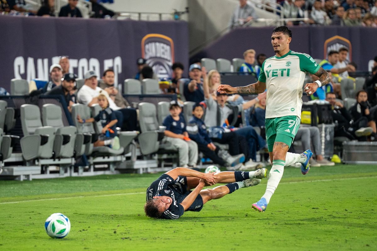 San Diego FC Defender Oscar Verhoeven (33) is fouled during an MLS Match against Austin FC on May 31, 2025 at Snapdragon Stadium in San Diego, CA.