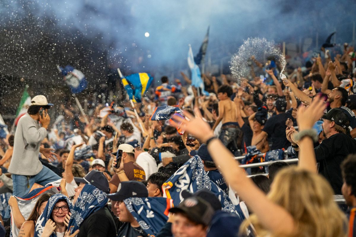 San Diego FC fans celebrate a goal to take a 1-0 lead in the second half during an MLS Match against Austin FC on May 31, 2025 at Snapdragon Stadium in San Diego, CA.