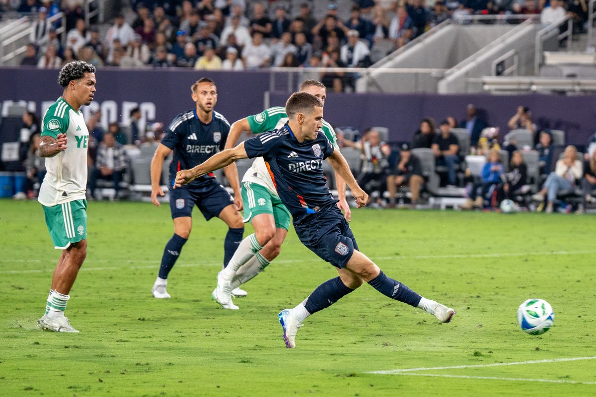 San Diego FC Forward Milan Iloski (32) shoots and scores during an MLS Match against Austin FC on May 31, 2025 at Snapdragon Stadium in San Diego, CA.