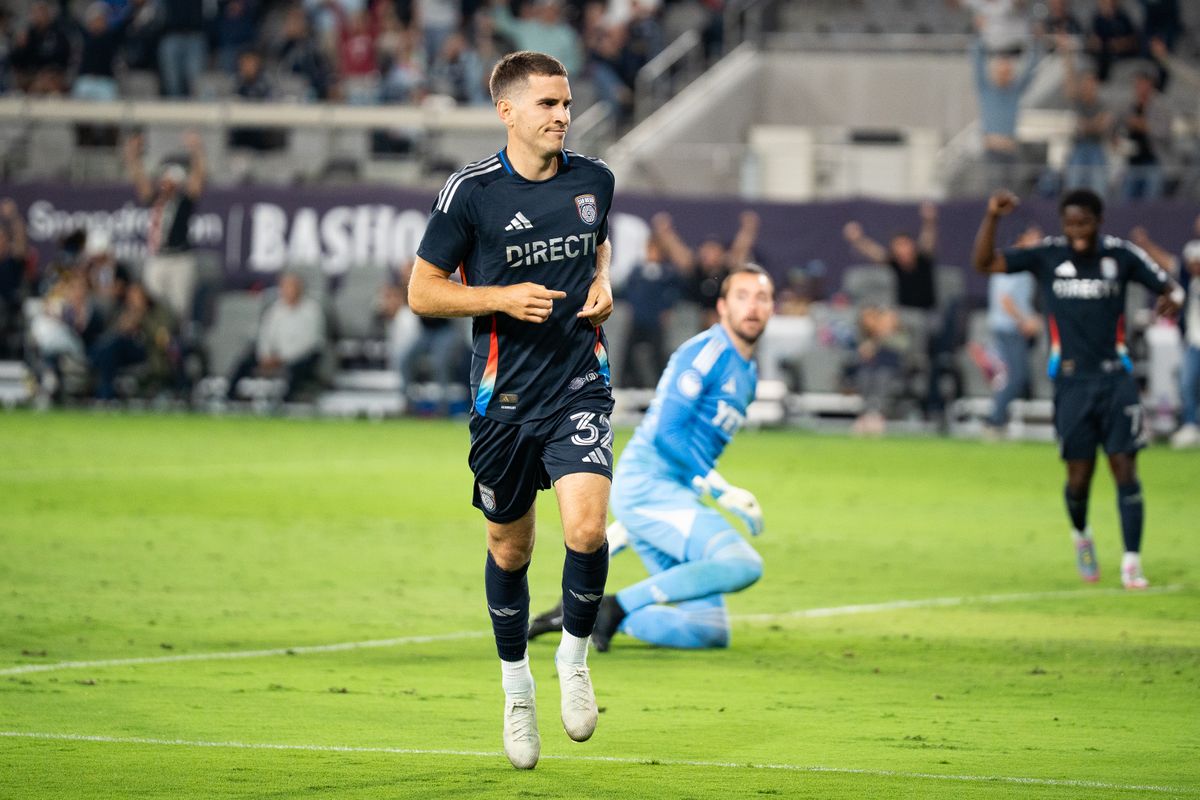 San Diego FC Forward Milan Iloski (32) celebrates after scoring a goal during an MLS Match against Austin FC on May 31, 2025 at Snapdragon Stadium in San Diego, CA.