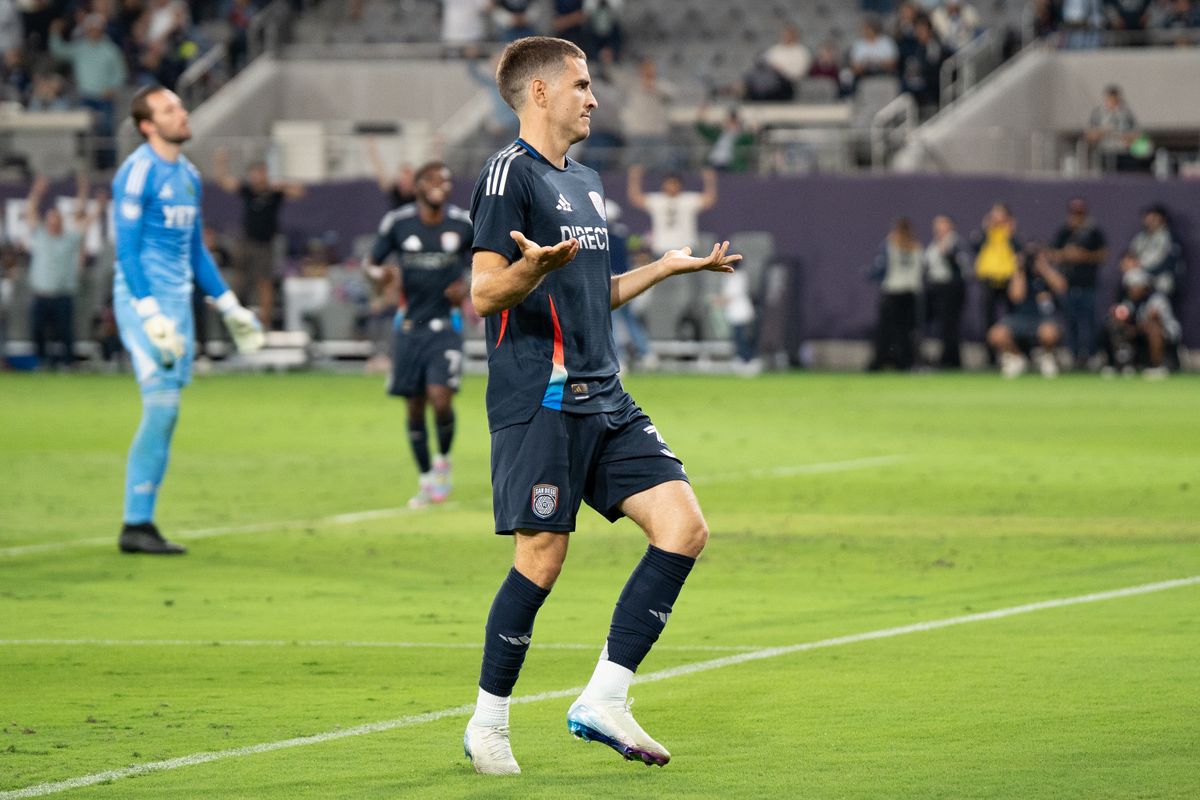 San Diego FC Forward Milan Iloski (32) celebrates after scoring a goal during an MLS Match against Austin FC on May 31, 2025 at Snapdragon Stadium in San Diego, CA.