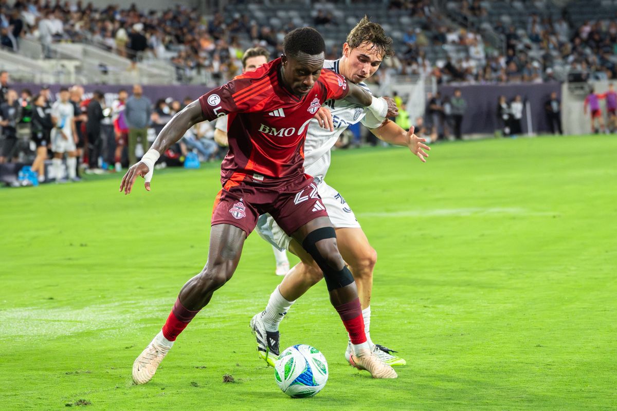 Toronto FC Defender Richie Laryea #22 fighting for possession during an MLS match against SDFC on July 16, 2025 in San Diego, CA.