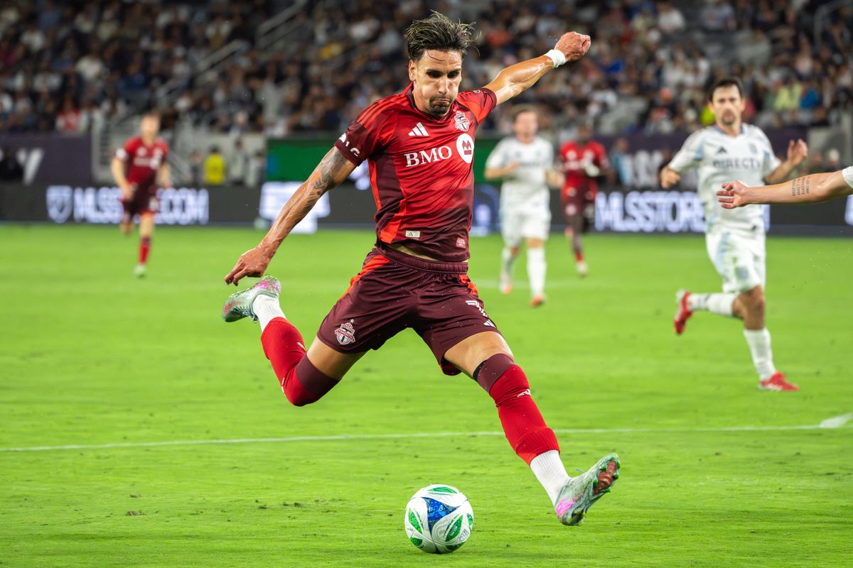 Toronto FC Forward #7 Theo Corbeanu shooting a goal during an MLS match against SDFC on July 16, 2025 in San Diego, CA.