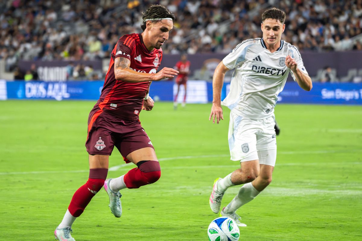 SDFC Defender Ian Pilcher #25 fighting to steal the ball during an MLS Match against Toronto FC on July 16, 2025 in San Diego, CA.