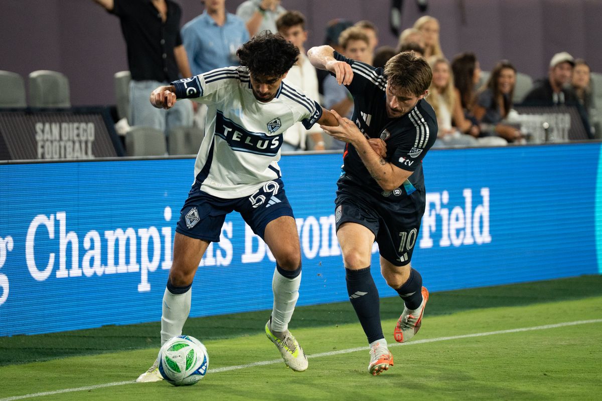 San Diego FC Winger Ander Dreyer (10) battles for the ball during an MLS match against Vancouver Whitecaps FC on July 19, 2025 at Snapdragon Stadium in San Diego, CA.