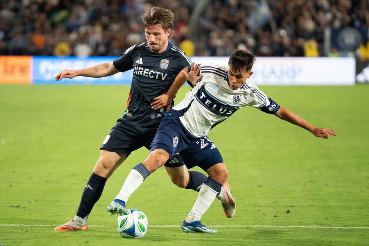 San Diego FC Winger Ander Dreyer (10) battles for the ball during an MLS match against Vancouver Whitecaps FC on July 19, 2025 at Snapdragon Stadium in San Diego, CA.
