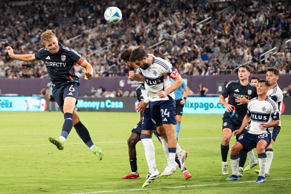 San Diego FC Midfielder Jeppe Tverskov (6) goes up for a header during an MLS match against Vancouver Whitecaps FC on July 19, 2025 at Snapdragon Stadium in San Diego, CA.