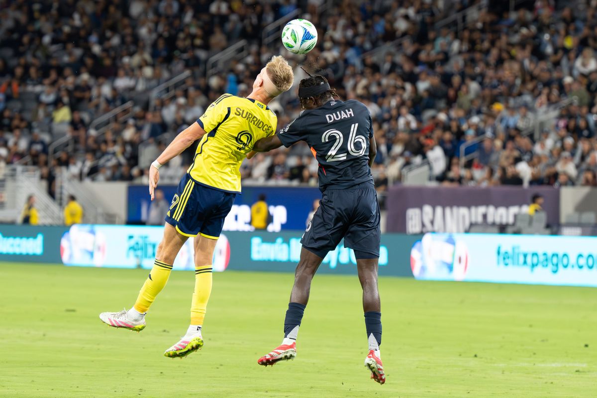 San Diego FC midfielder Manu Duah (26) goes up for a header during an MLS soccer game against Nashville SC, Thursday July 25, 2025 in San Diego, CA. San Diego FC midfielder Manu Duah (26) goes up for a header during an MLS soccer game against Nashville SC, Thursday July 25, 2025 in San Diego, CA.